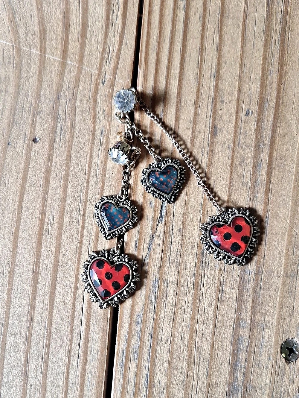 Betsey Johnson Heart Pendant Earrings Red & Silver Like New